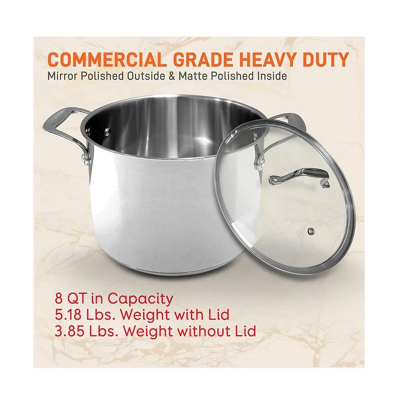 NutriChef Stainless Steel Cookware Stockpot - 8 Quart, Heavy Duty Induction Pot, Stock Pot With Lid