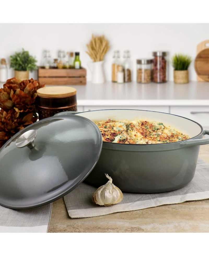 MegaChef 7 Quarts Oval Enameled Cast Iron Casserole Red