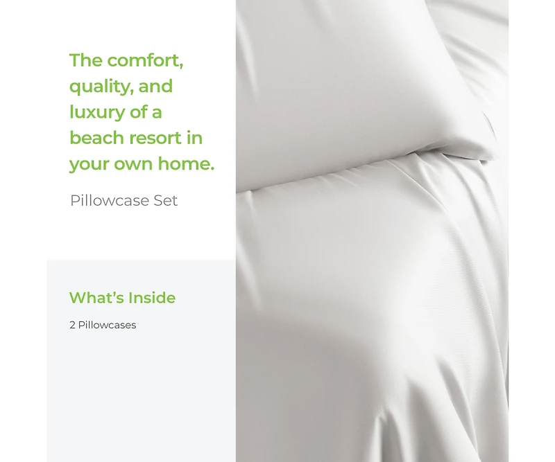 Cariloha Retreat 2-Piece Sateen Pillowcase Set | White |King | Lyocell Material | Breathable, Corner Straps, Extra soft & Cooling