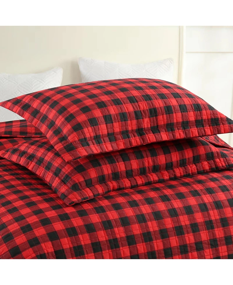 MarCielo 3 Pcs Christmas Red Buffalo Plaid Check Quilt Bedspread Set Queen