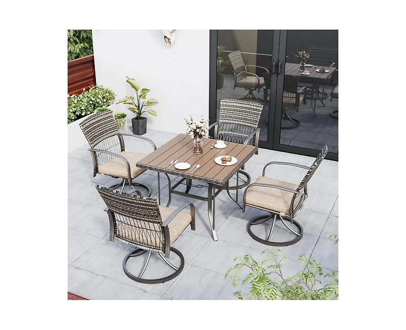 Pamapic 5-Piece Patio Outdoor Dining Set with Square Table and Rattan Swivel Chairs Green Cushion