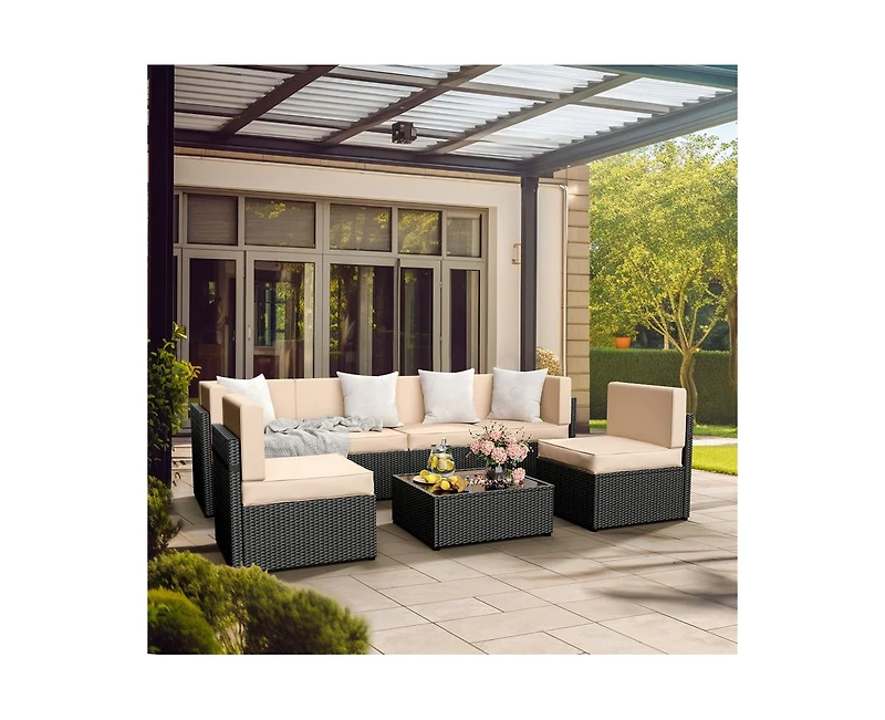 Gray 7-Piece Wicker Outdoor Sectional Set with Coffee Table and Cushions