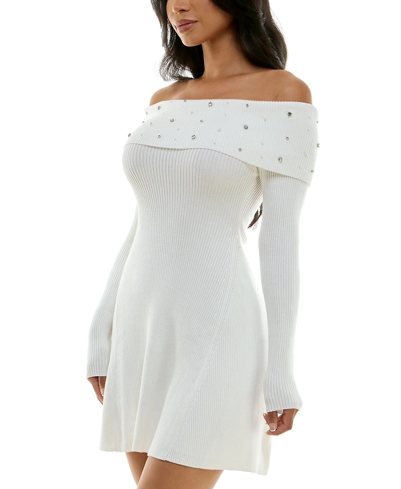 Bcx Juniors' Embellished Off-The-Shoulder Sweater Dress