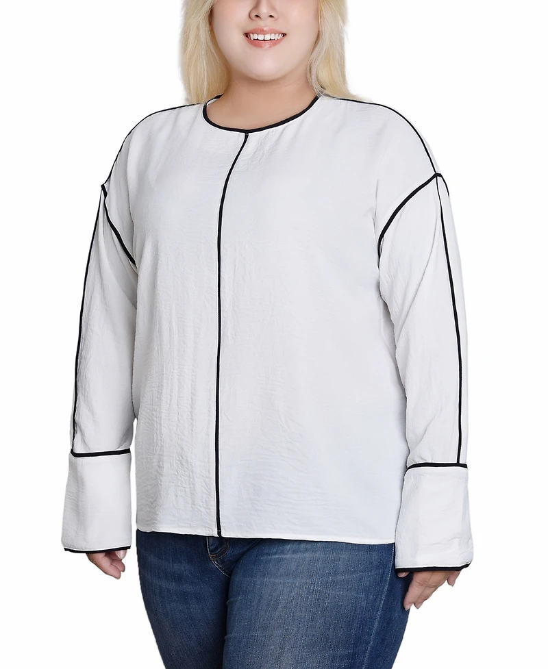 Ny Collection Plus Long Sleeve Contrast Piped Blouse