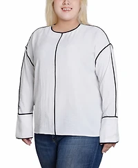 Ny Collection Plus Long Sleeve Contrast Piped Blouse