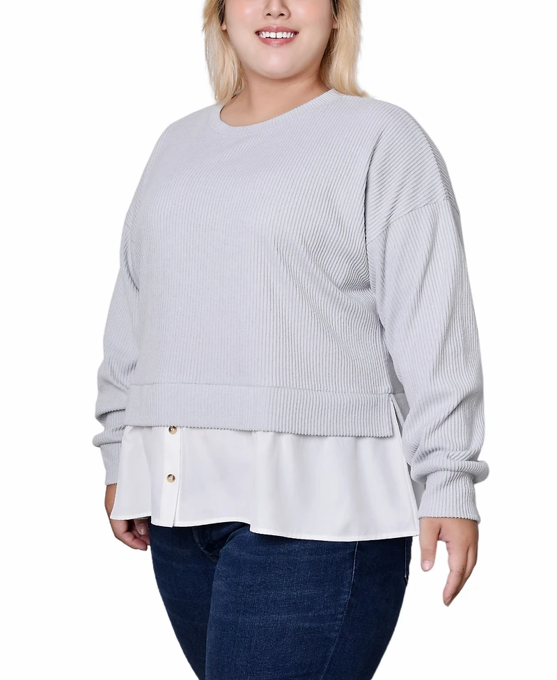 Ny Collection Plus Long Sleeve Two-Fer Top with Gathered Inset