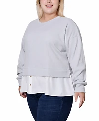 Ny Collection Plus Long Sleeve Two-Fer Top with Gathered Inset