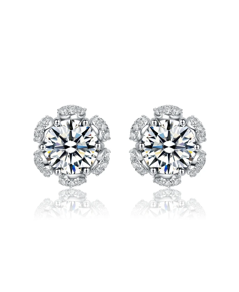 Sterling Silver White Gold Plated with Clear Cubic Zirconia Flower Halo Stud Earrings