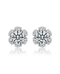 Sterling Silver White Gold Plated with Clear Cubic Zirconia Flower Halo Stud Earrings
