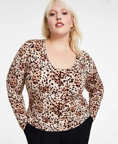 Bar Iii Trendy Plus Size Cheetah-Print Long-Sleeve Top, Created for Macy's