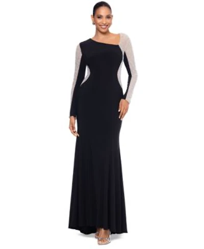 Xscape Womens Asymmetrical Rhinestone Mesh Sleeve Gown