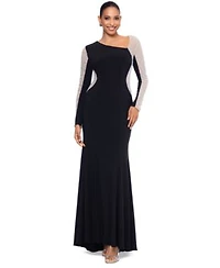 Xscape Womens Asymmetrical Rhinestone Mesh Sleeve Gown