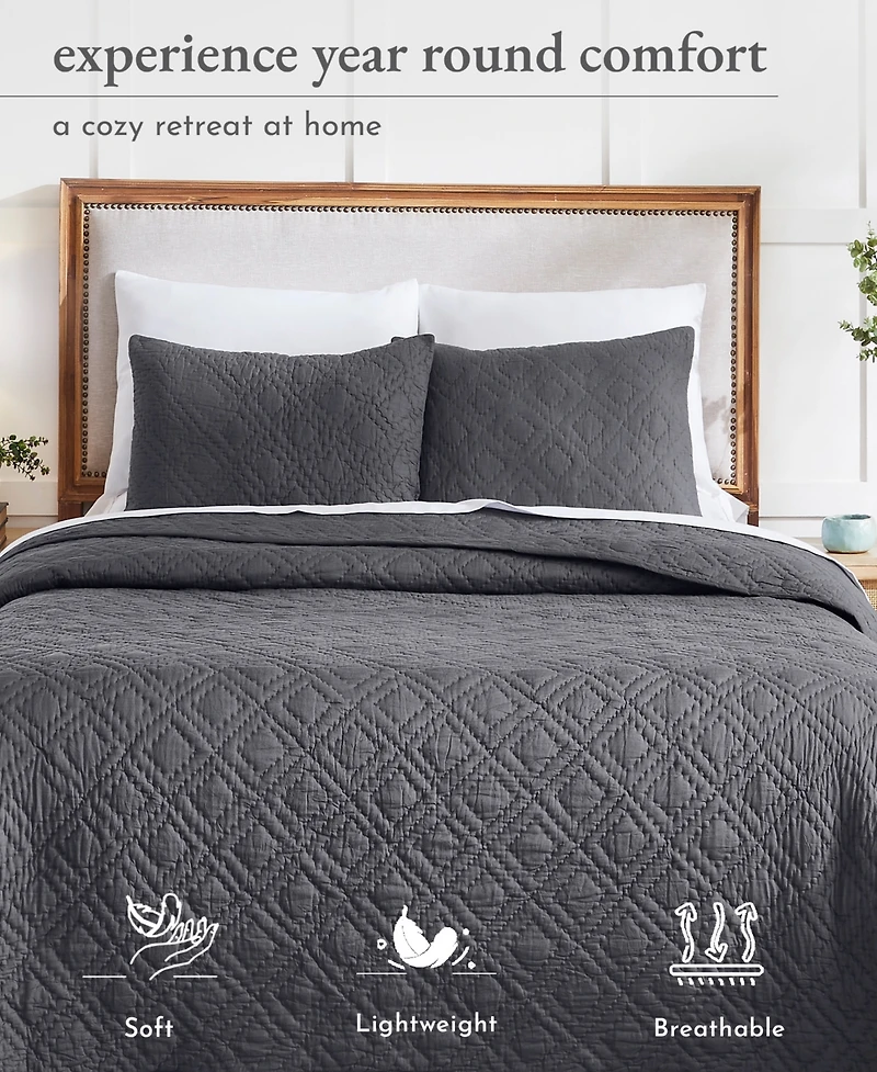 Hand-Quilted 100% Cotton Quilt Set, Pre-Softened, 3 Piece Quilt & Sham Set by California Design Den