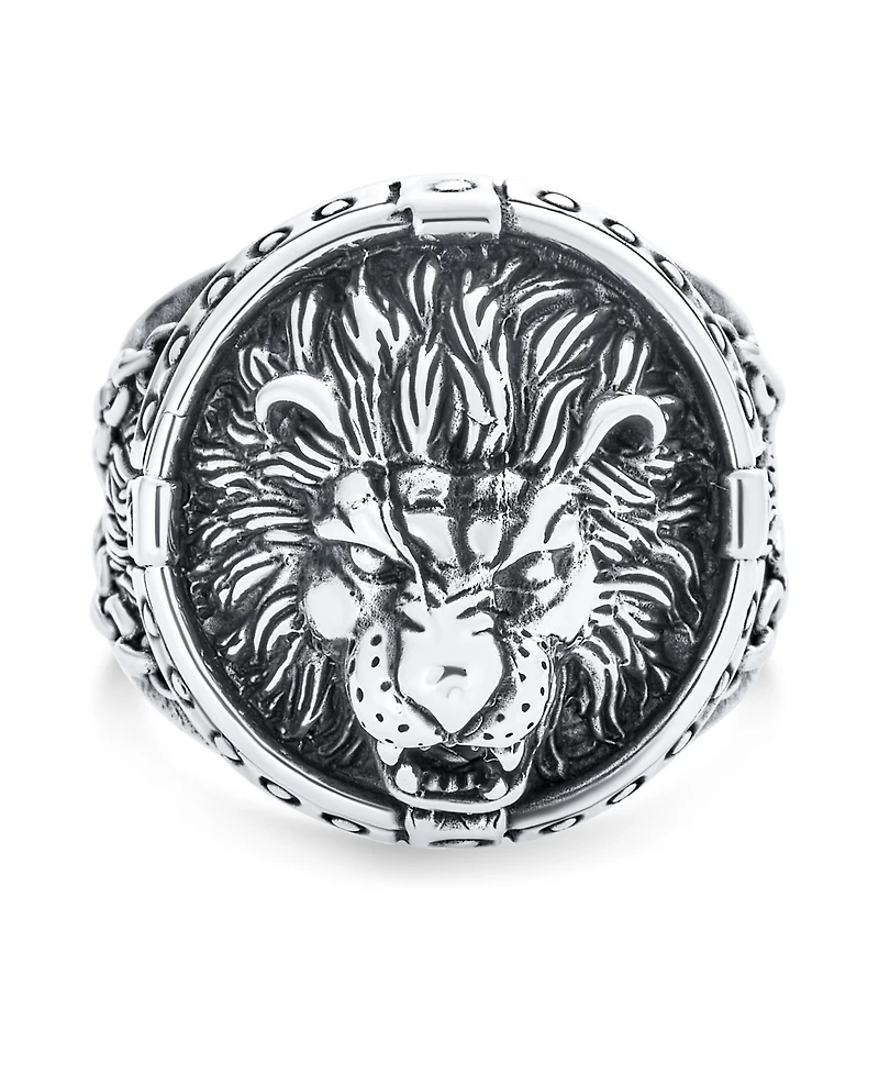 Big Statement Masculine King Of Jungle Round Viking Signet Roaring Lion Ring Solid Oxidized .925 Sterling Silver