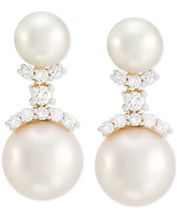 Grown With Love Cultured Freshwater Pearl (7 & 10-1/2mm) & Lab Grown Diamond (3/8 ct. t.w.) Double Drop Earrings in 14k Gold