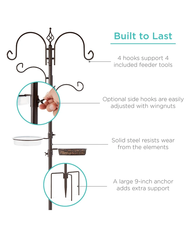 Best Choice Products 91in 4-Hook Bird Feeding Station, Steel Multi-Feeder Stand w/ 2 Feeders, Tray, Bird Bath