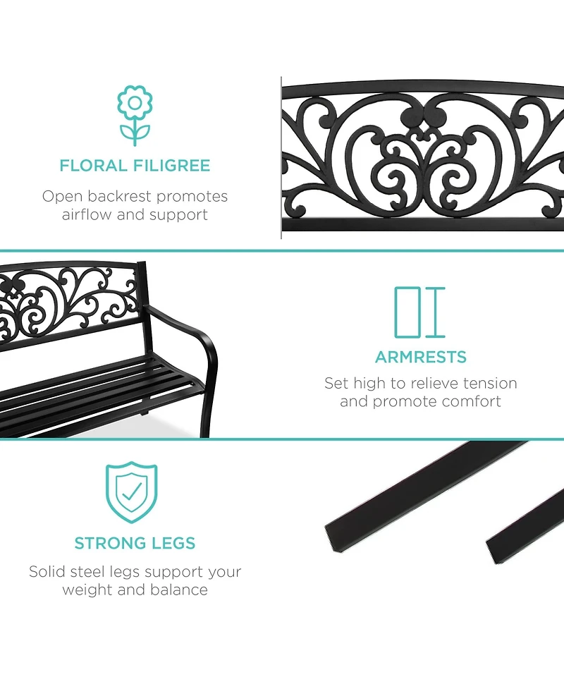 Best Choice Products Outdoor Steel Bench Garden Patio Porch Furniture w/ Floral Design Backrest