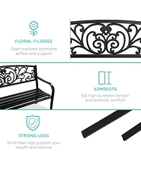Best Choice Products Outdoor Steel Bench Garden Patio Porch Furniture w/ Floral Design Backrest