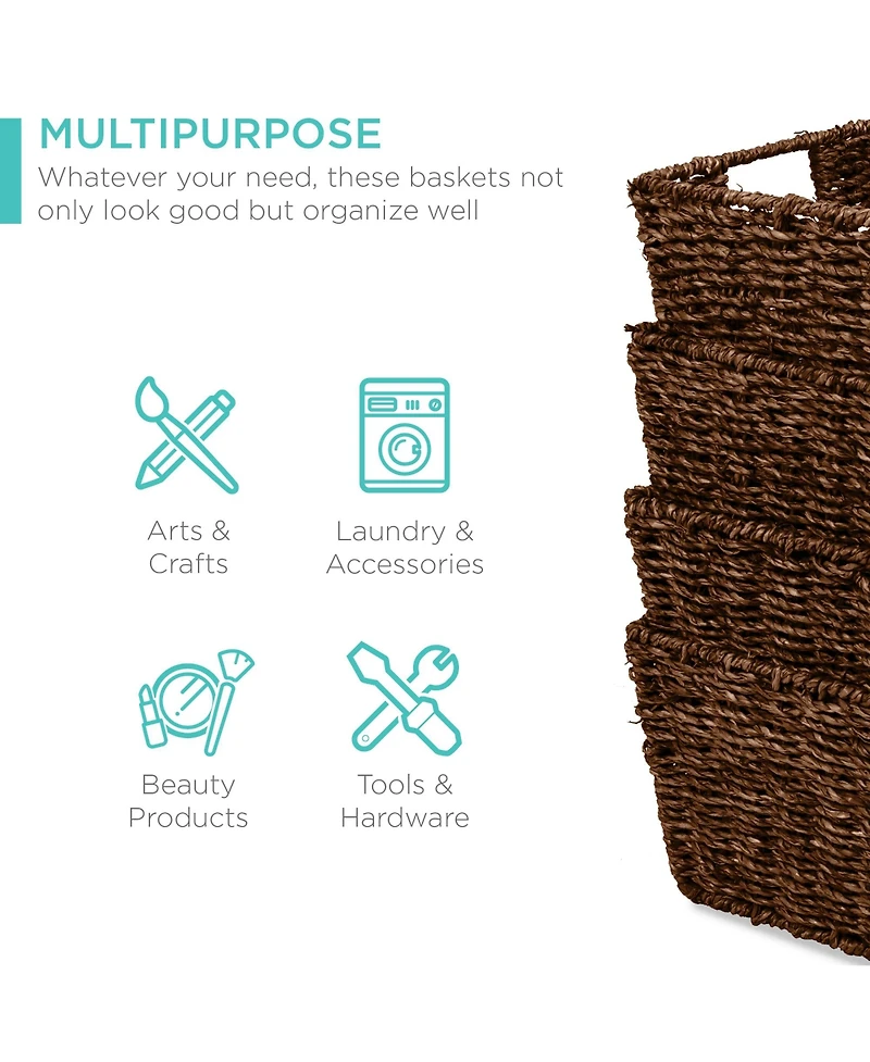 Best Choice Products Set of 4 Multipurpose Stackable Seagrass Storage Laundry Organizer Baskets w/ Handles