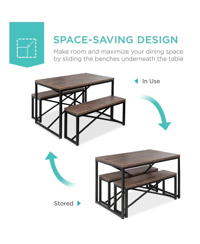 Best Choice Products 45.5in 3-Piece Bench Style Dining Furniture Set, 4-Person Dinette w/ 2 Benches, Table