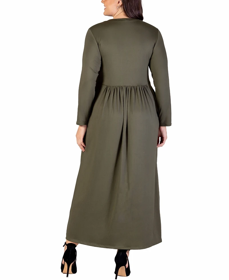 24seven Comfort Apparel Plus Size Long Sleeve Maxi Dress with Pockets