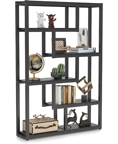 Tribesigns 6-Shelf Industrial Bookshelf, Vintage Etagere Bookcase, 69 Inch Tall Storage Display Staggered Shelves with Sturdy Metal Frame for Home Off