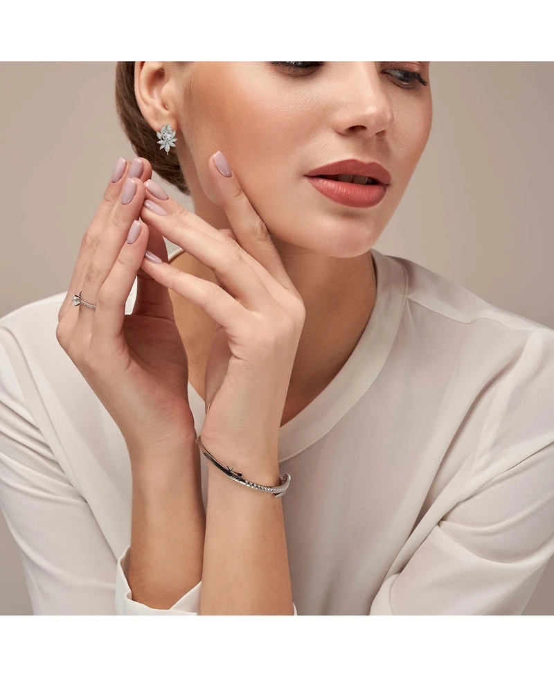 Sterling Silver with Clear Cubic Zirconia Corsage Flower Cluster Stud Earrings White Gold plated and 14k