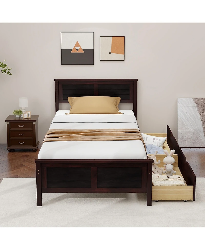 Gymax Twin Size Wooden Bed Frame with 2 Storage Drawers & Under-bed Storage Espresso