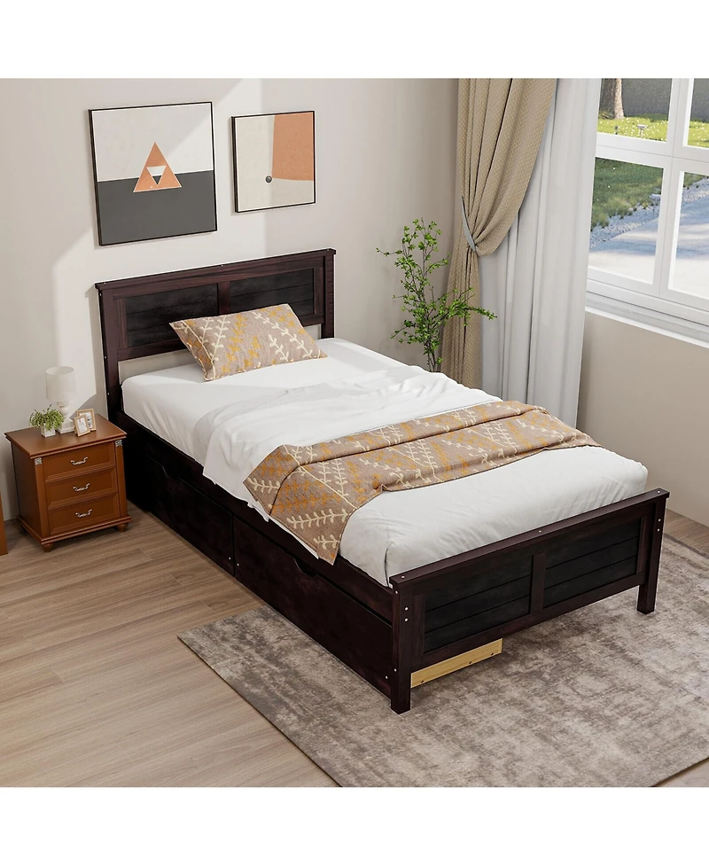 Gymax Twin Size Wooden Bed Frame with 2 Storage Drawers & Under-bed Storage Espresso