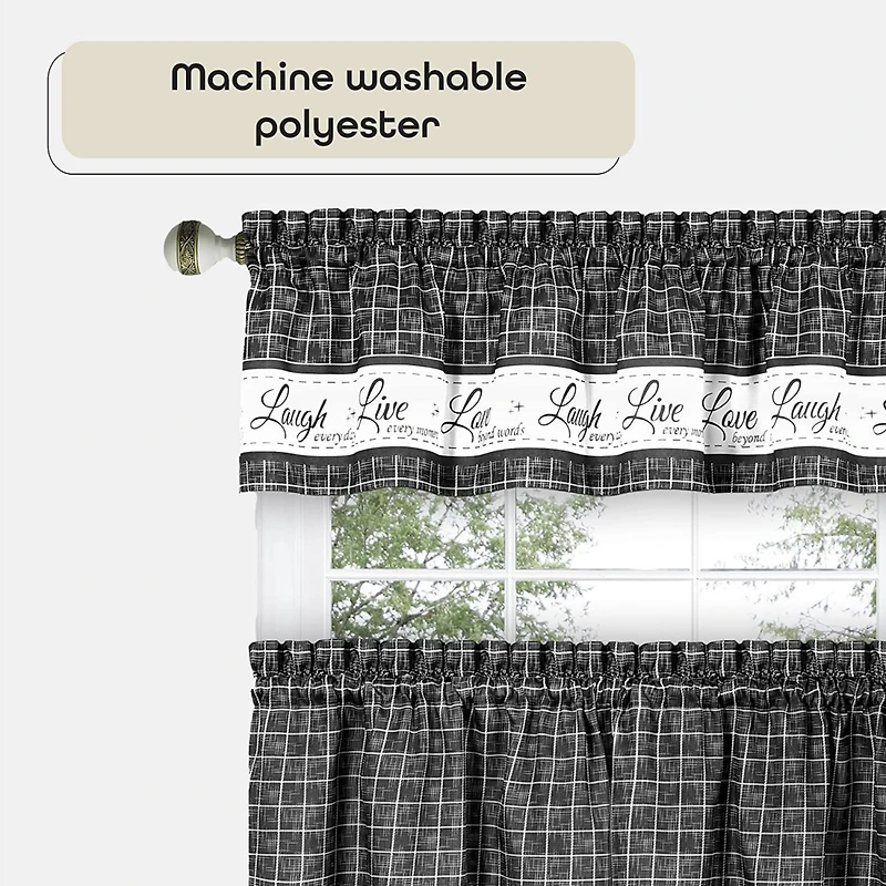 Kate Aurora Country Farmhouse Plaid Live laugh love 3 Piece Kitchen Curtain Set