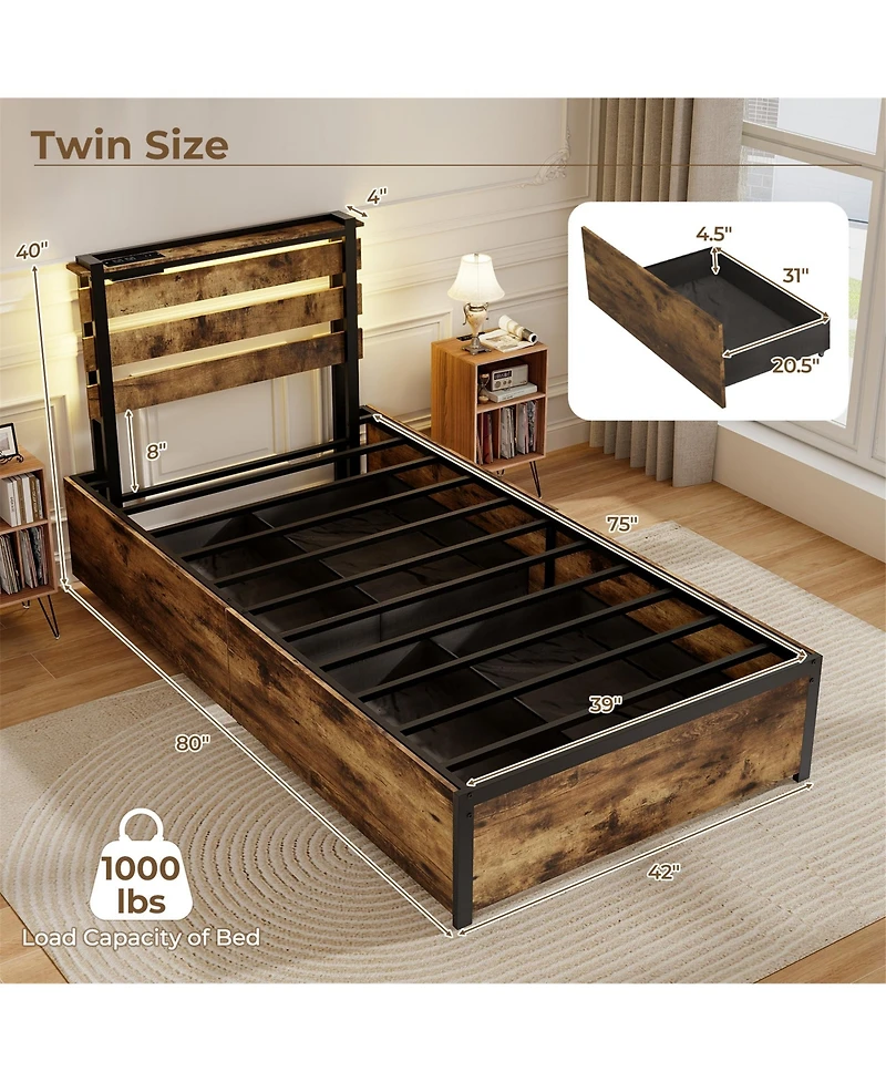 Gymax Twin Size Bed Frame w/ Drawers Led Lights Outlets & Usb Ports Smart App Control