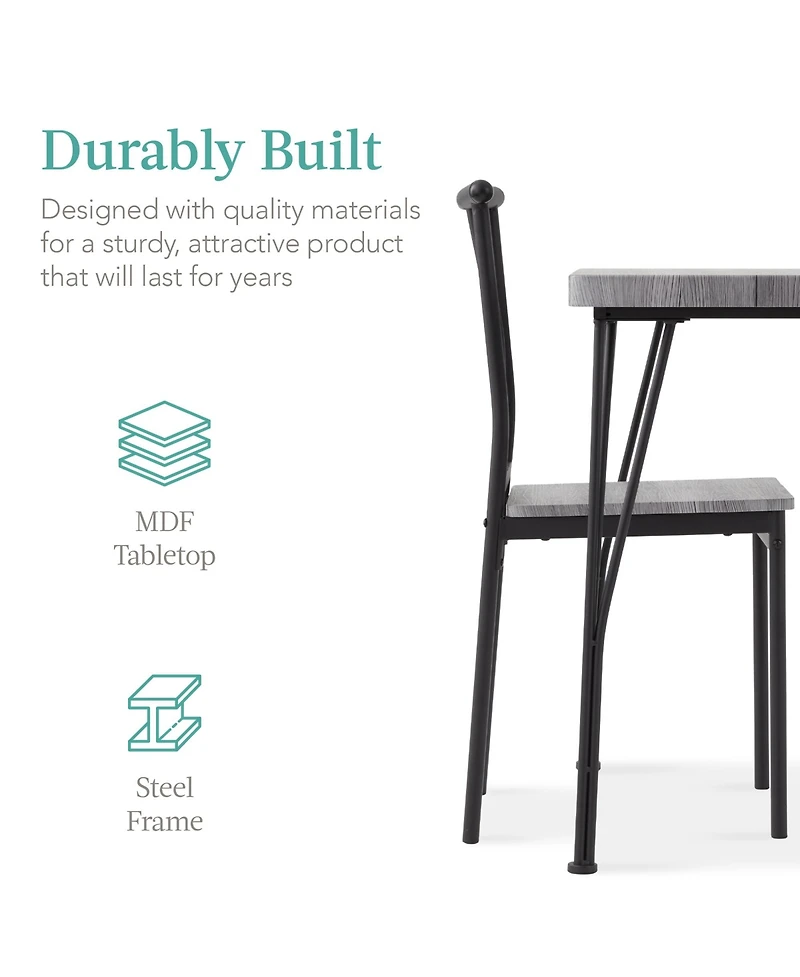 Best Choice Products 3-Piece Indoor Metal Wood Square Dining Table, Furniture Set w/ 2 Chairs