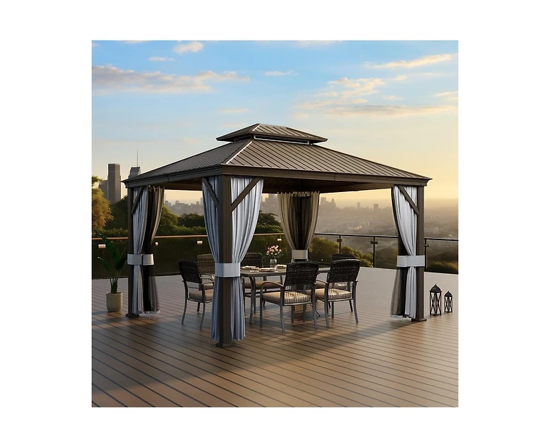 Pamapic 12 ft. x 14 ft. Metal Hardtop Gazebo with Curtains