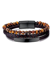 Rhona Sutton Black Tigers Eye Plated Leather Stainless Steel Bracelet