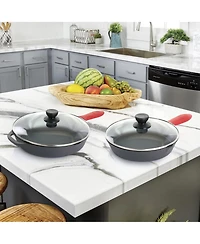 MegaChef Pre-Seasoned 6 Piece Cast Iron Skillet Set with Lids and Red Silicone Holders
