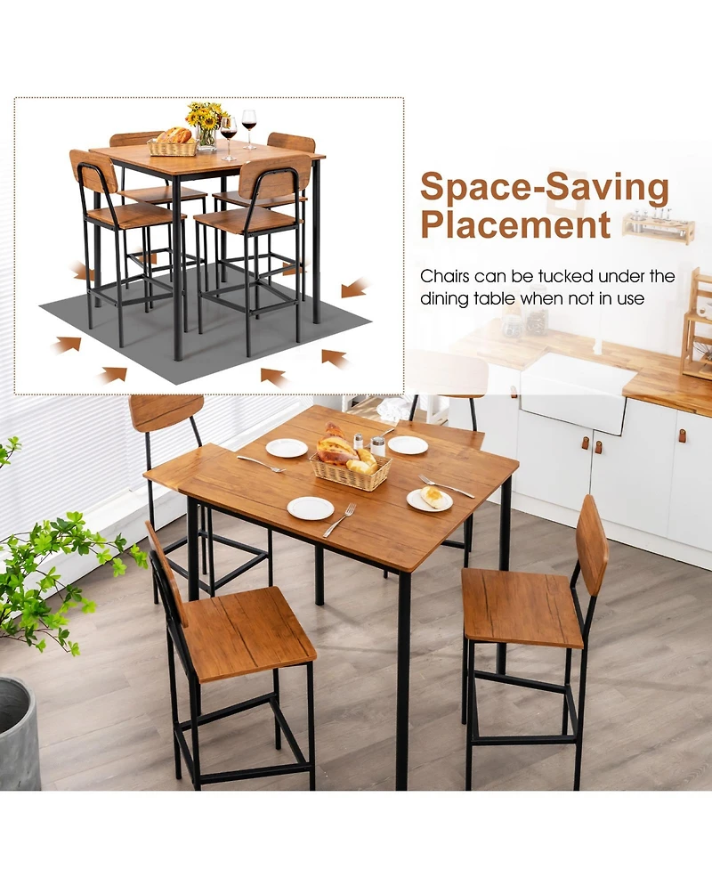 5-Piece Industrial Dining Table Set with Counter Height and 4 Bar Stools-Walnut