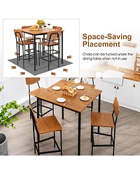 5-Piece Industrial Dining Table Set with Counter Height and 4 Bar Stools-Walnut