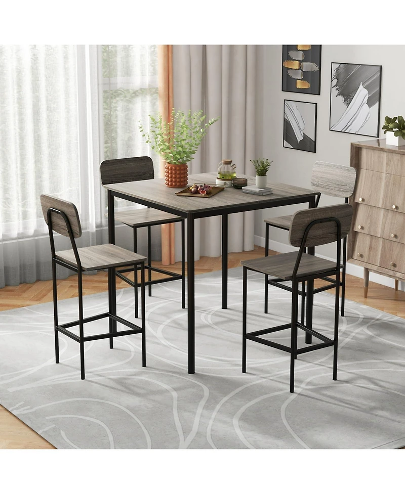 5-Piece Industrial Dining Table Set with Counter Height and 4 Bar Stools-Walnut