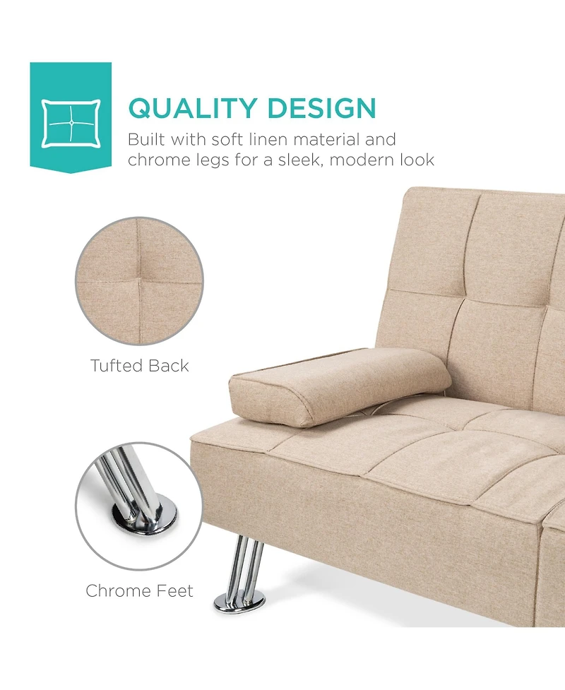 Best Choice Products Modern Linen Convertible Futon Sofa Bed w/ Removable Armrests, Metal Legs, Cupholders