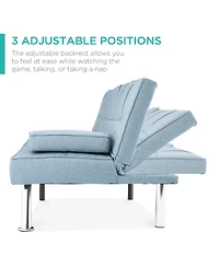 Best Choice Products Modern Linen Convertible Futon Sofa Bed w/ Removable Armrests, Metal Legs, Cupholders