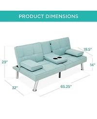 Best Choice Products Modern Linen Convertible Futon Sofa Bed w/ Removable Armrests, Metal Legs, Cupholders
