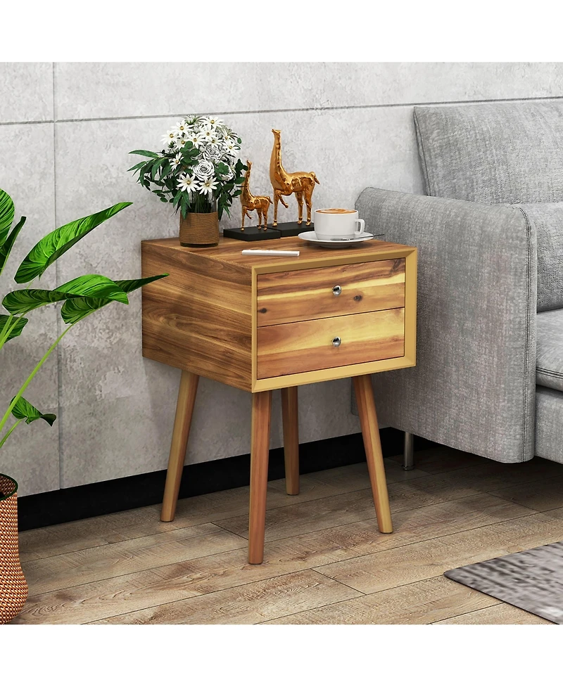 Gymax 2PCS Wooden Nightstand Mid-Century End Side Table W/2 Storage Drawers Natural