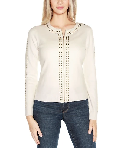 Belldini Women's Black Label Crewneck Embellished Zip Cardigan Sweater