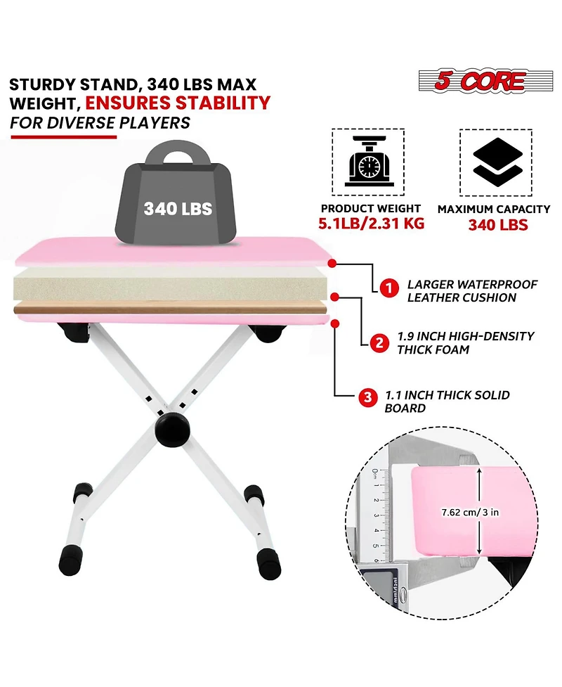 5 Core Keyboard Bench 3" Padded Cushioned Piano Stool Height Adjustable Guitar Seat Folding Portable - Kbb Pnk Hd