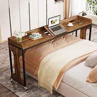 Tribesigns Overbed Table with Wheels, 71" Queen Size Bed Table with Adjustable Tilt Board, Mobile Laptop Cart with Outlets & Usb Ports