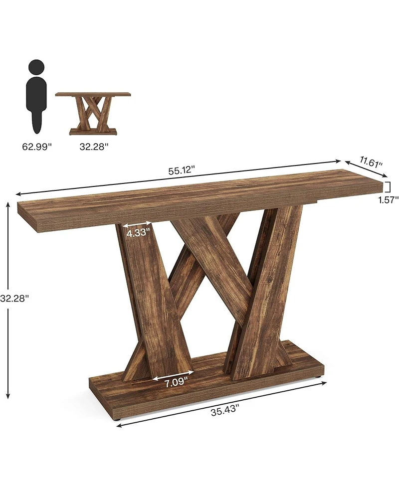 Tribesigns 55-Inch Farmhouse Console Table, Entryway Table with Geometric Base, Narrow Sofa Table Rustic Wood Hallway Table, Rustic Brown