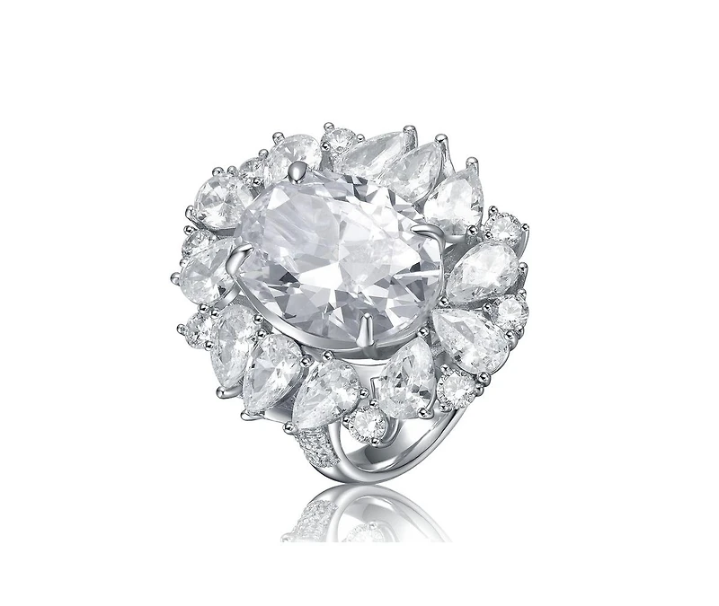 White Gold Plated with Clear Cubic Zirconia Oval Cocktail Snowflake Cluster Ring