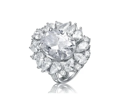 White Gold Plated with Clear Cubic Zirconia Oval Cocktail Snowflake Cluster Ring