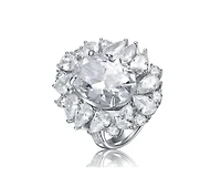 White Gold Plated with Clear Cubic Zirconia Oval Cocktail Snowflake Cluster Ring