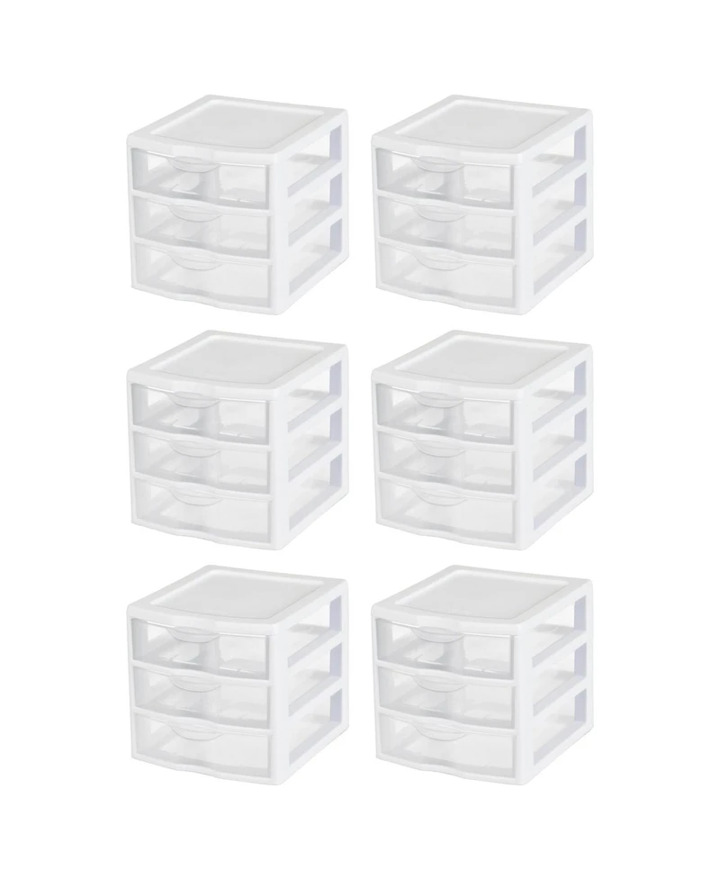 Sterilite ClearView Plastic Small 3 Drawer Desktop Storage Unit, White, 6 Pack